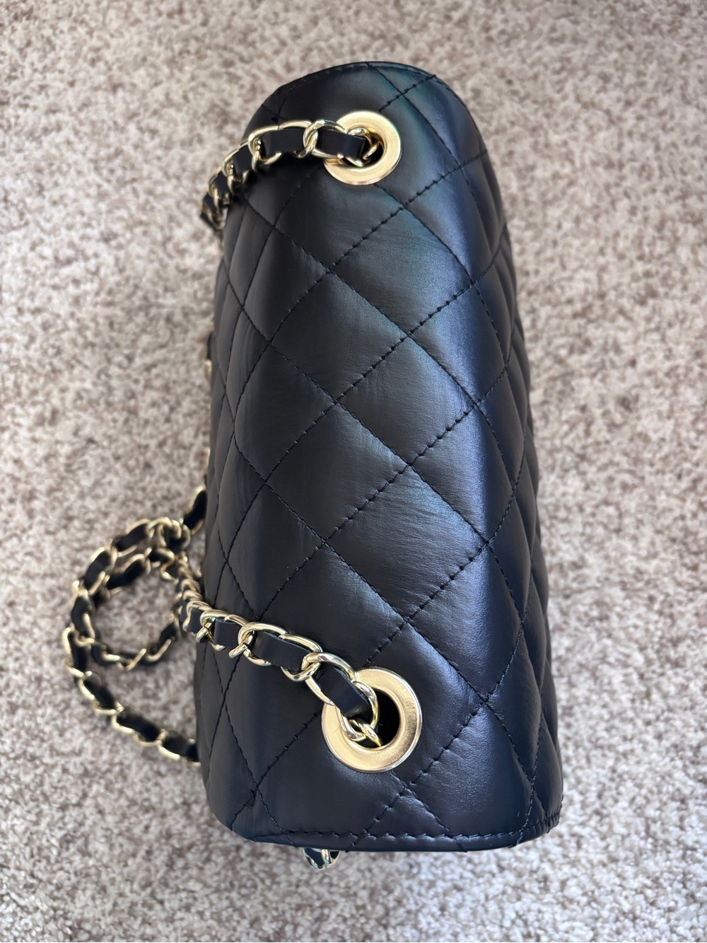 Designer-Inspired Quilted Black Italian Leather Flap -Gold Chain Shoulder Bag - Picture 8 of 13